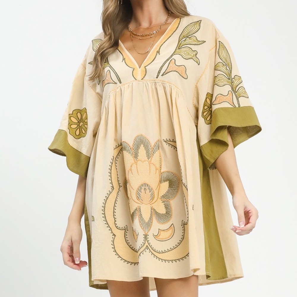 Umgee Cream and Olive Floral Mini Dress